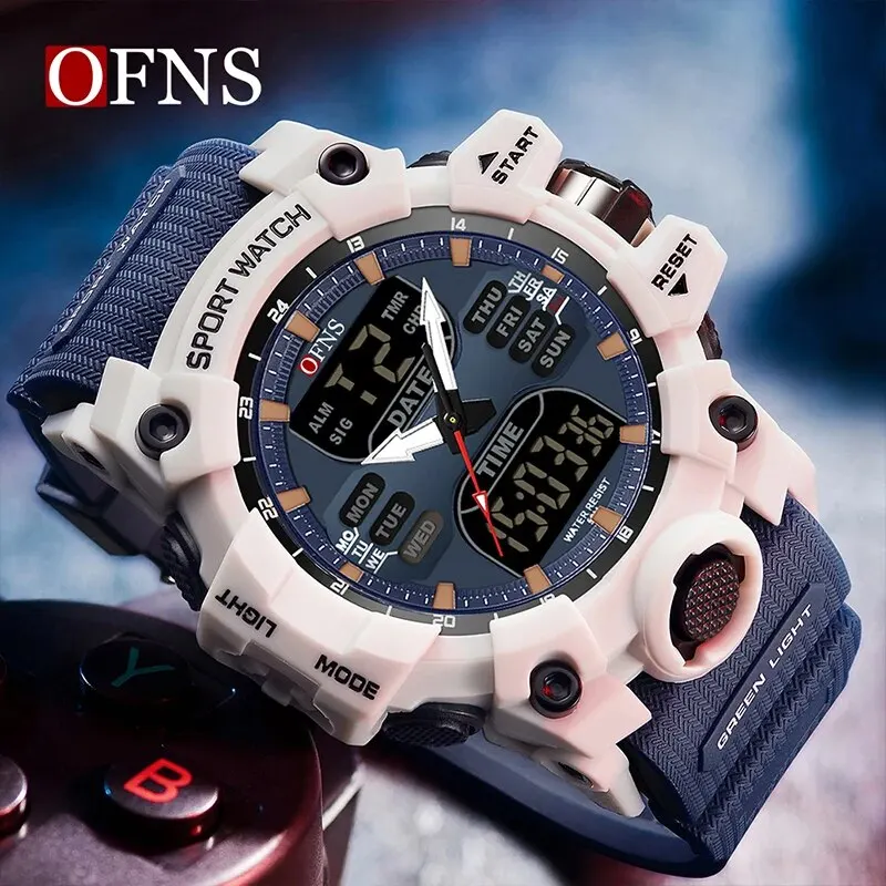 OFNS Top Dual Display Men Watches Waterproof Sports Watch Military Man Alarm Stopwatch Quartz Wristwatch Male Digital Clock