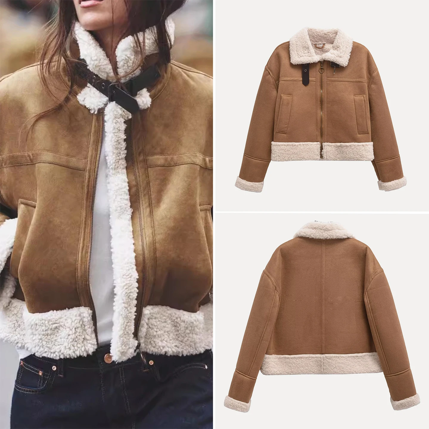 Double-Sided Zipper Faionable Women's Jaet 2025 Autumn Collection Versatile Outerwear Casual Long Sve Stand Collar