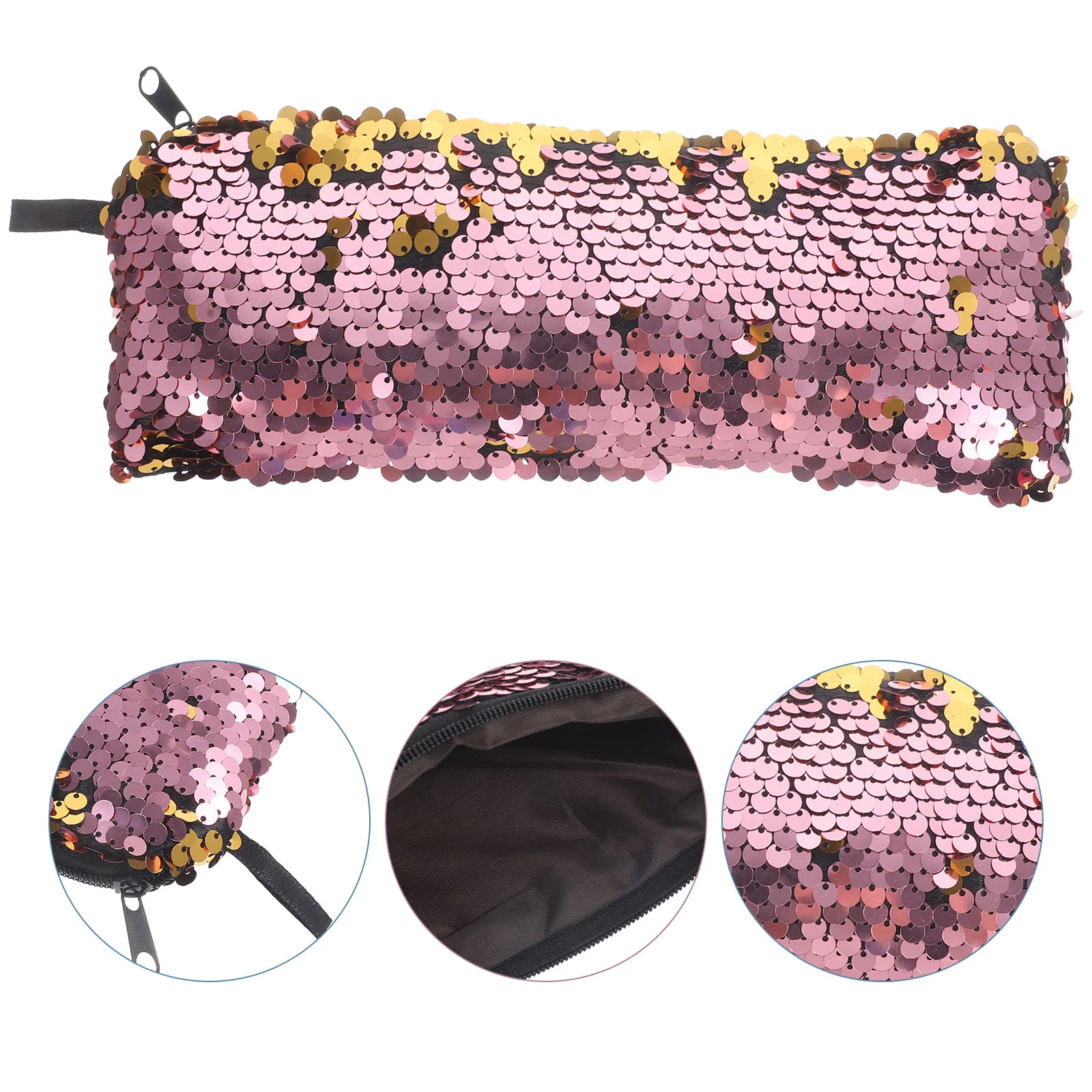 

Mini Makeup Bag Sequin Hand Washing Storage Women's Headphone Data Cable (Gold + Light Pink) Outdoor Travel