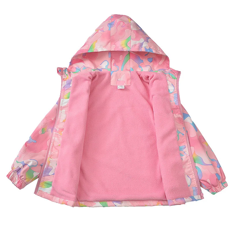 Girls Waterproof Hooded Sweet Printed Fleece Lined Zip Hiking Jacket School Kids Outfit Windbreaker Tops Child Track Coat 3-14Yr