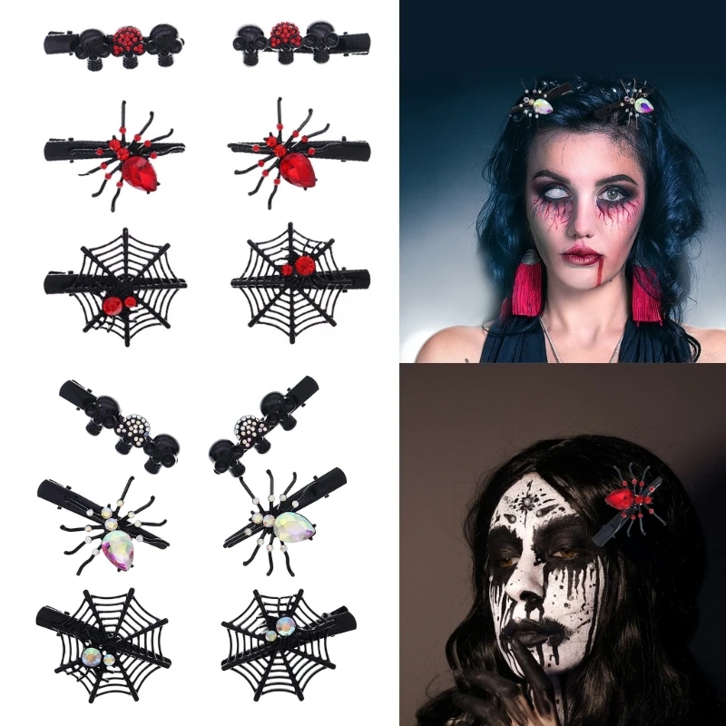 RhinestoneSpider Hairclip Set for Halloween Party Women Cosplay Gothic Hairpin Dark Series Lady ShinyHair Accessories