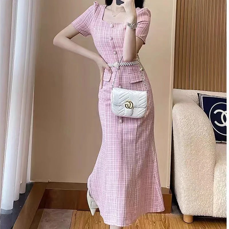 Early Autumn luxury long sleeve Square collar A-line Elegant Midi dress High Street Fashion Commuting office ladies Long Dress