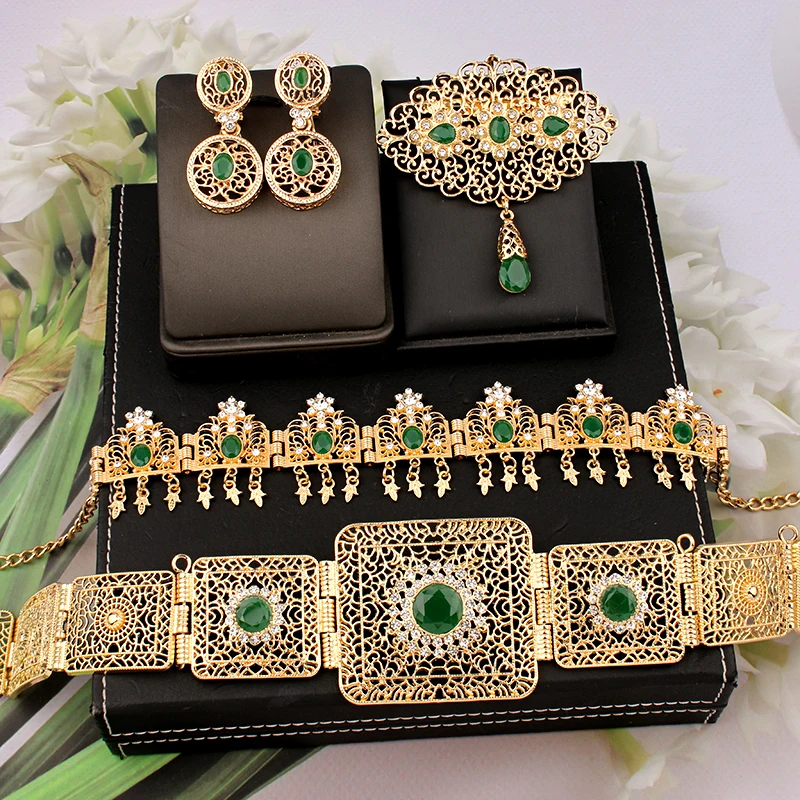 Middle East Zinc Alloy Bridal Jewelry Sets Gold Plated Carved Flower Chain Joias Em Mulher Conjuntos Ethnic Wedding Accessories