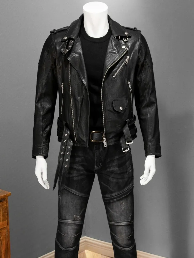 Street Punk Style Genuine Leather Jacket Men Turn-Down Collar Slim Black Short Coat Zipper Mens Sheepskin Motorcycle Jackets