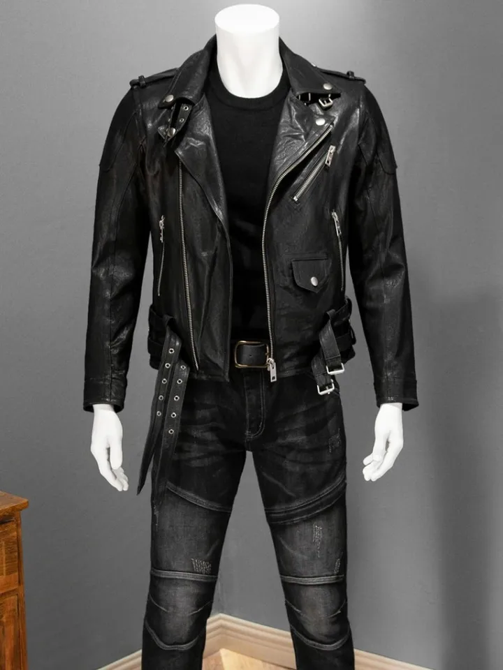 Street Punk Style Genuine Leather Jacket Men Turn-Down Collar Slim