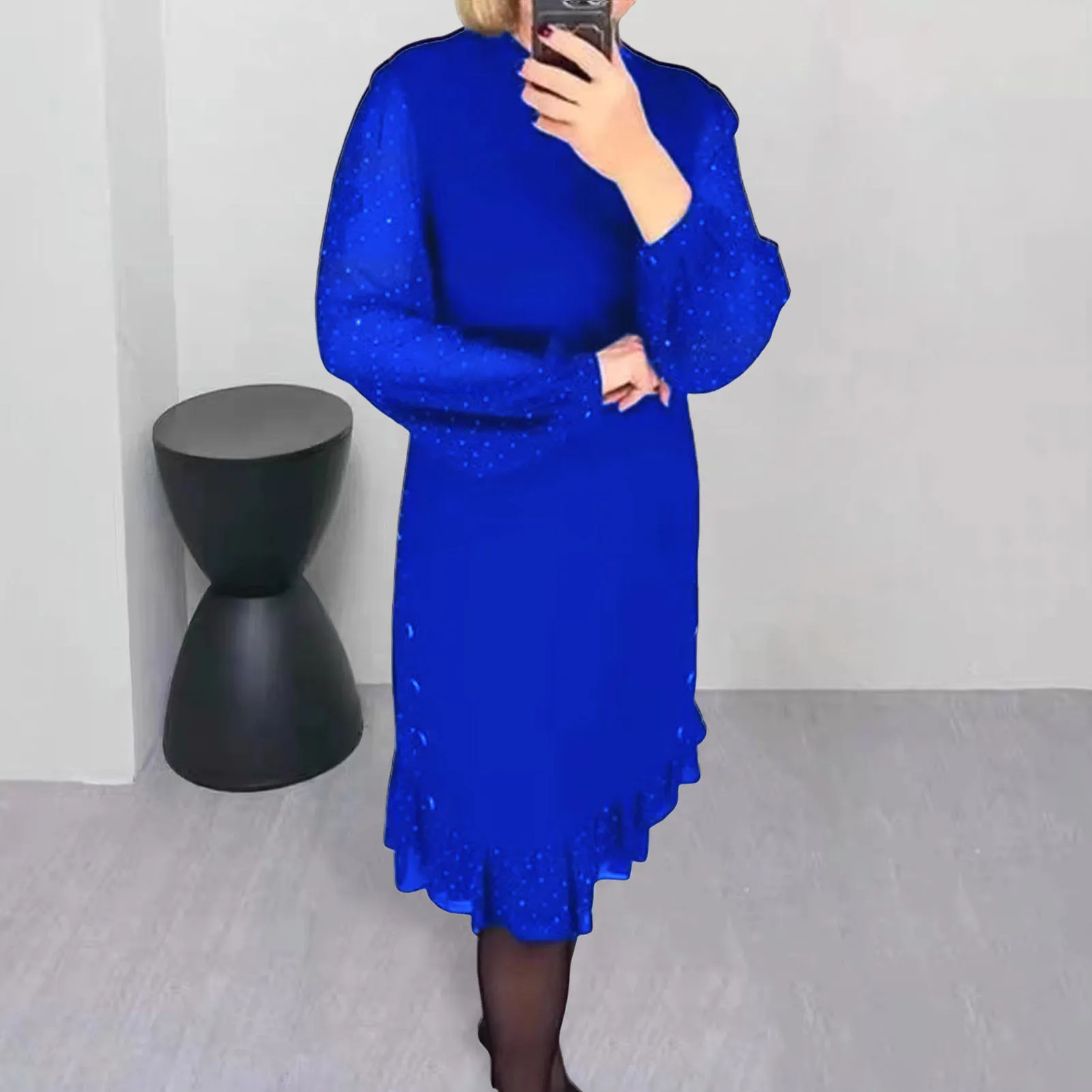 Sukienka z rękawami balonowymi w kropki Sukienka midi z rękawami balonowymi Elegancka sukienka midi do kolan z siateczkowymi rękawami balonowymi z falbaną dla osób w średnim wieku