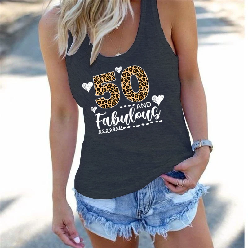 Age Tees for Women Heart Casual Tops 50th Birthday Gift Summer Racerback Tanks Leopard 50 and Fabulous Graphic Tank Top Women