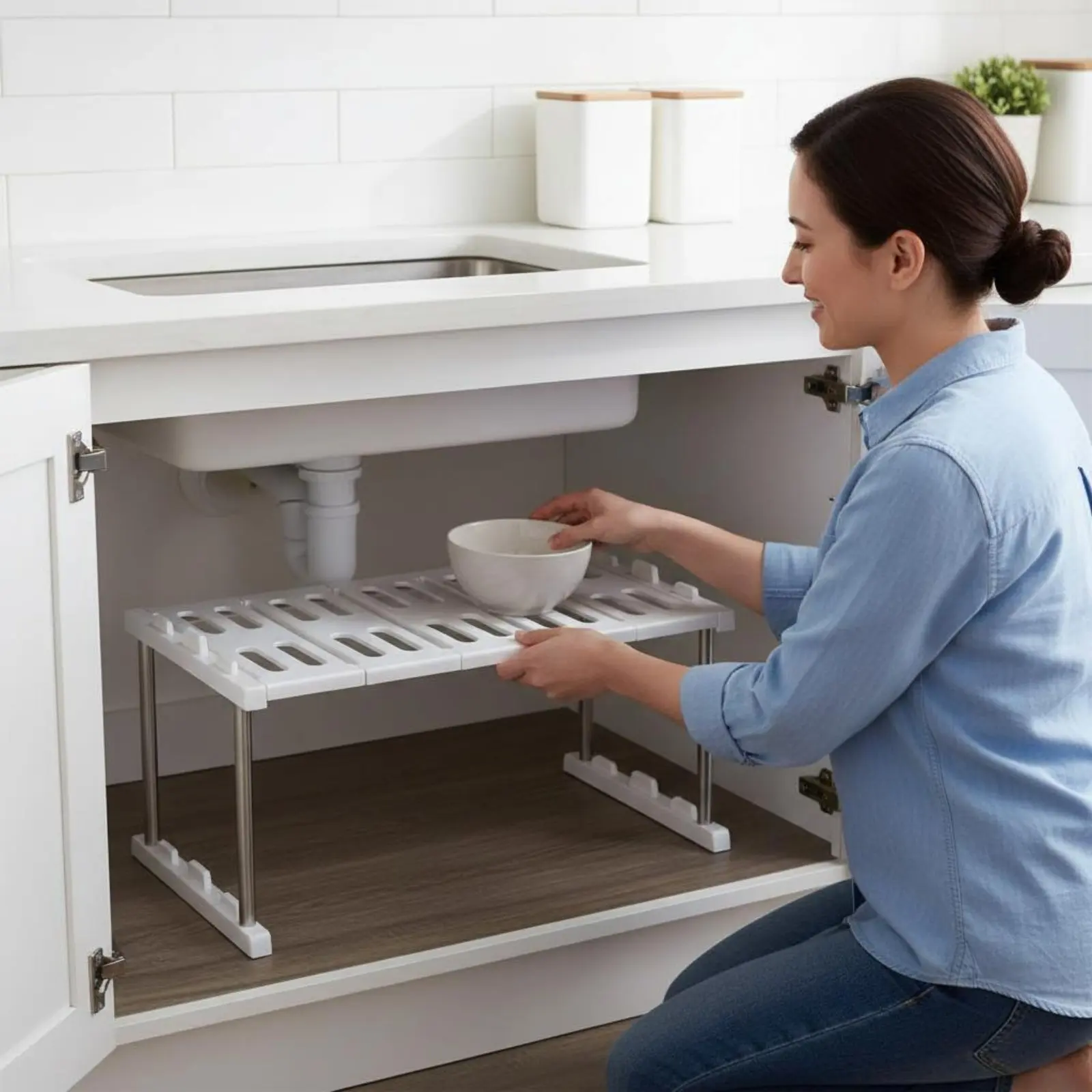 Étagère de cuisine pliable empilable en acier inoxydable, organisateur sous évier, facile à nettoyer pour réfrigérateur