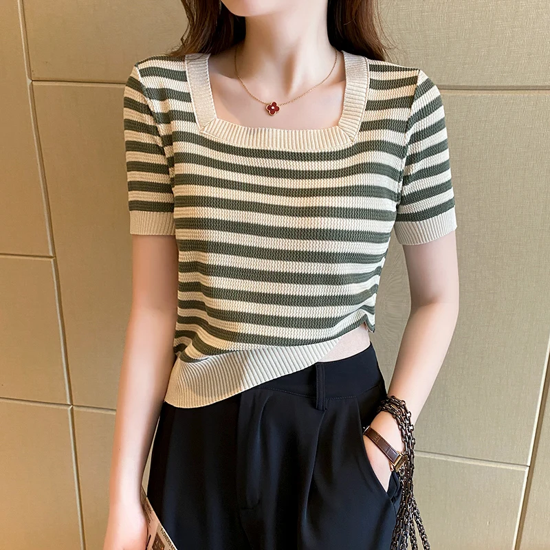 Summer Short Sleeve Striped T-Shirt Women Knitted Shirts Pullover Tops Female Elastic Casual Knit Tee Women's T-Shirts Crop Tops