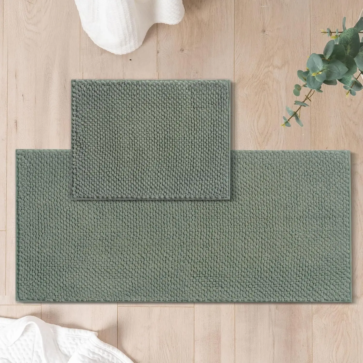 

Soft Chenille Bathroom Rugs Set - 2 Piece Non-Slip Mats, Water Absorbent, Washable in Sage Green