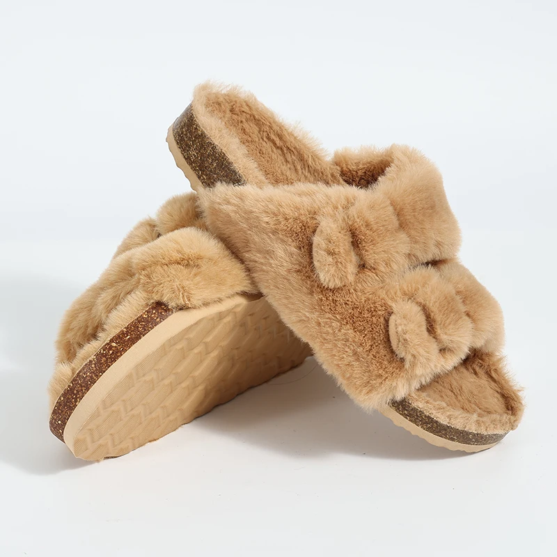 Evshine-Pantoufles de sabots en peluche pour hommes et femmes, mules moelleuses, toboggans de maison en fourrure, lit de pied en liège, doux et confortable, mode extérieure, chaud, hiver