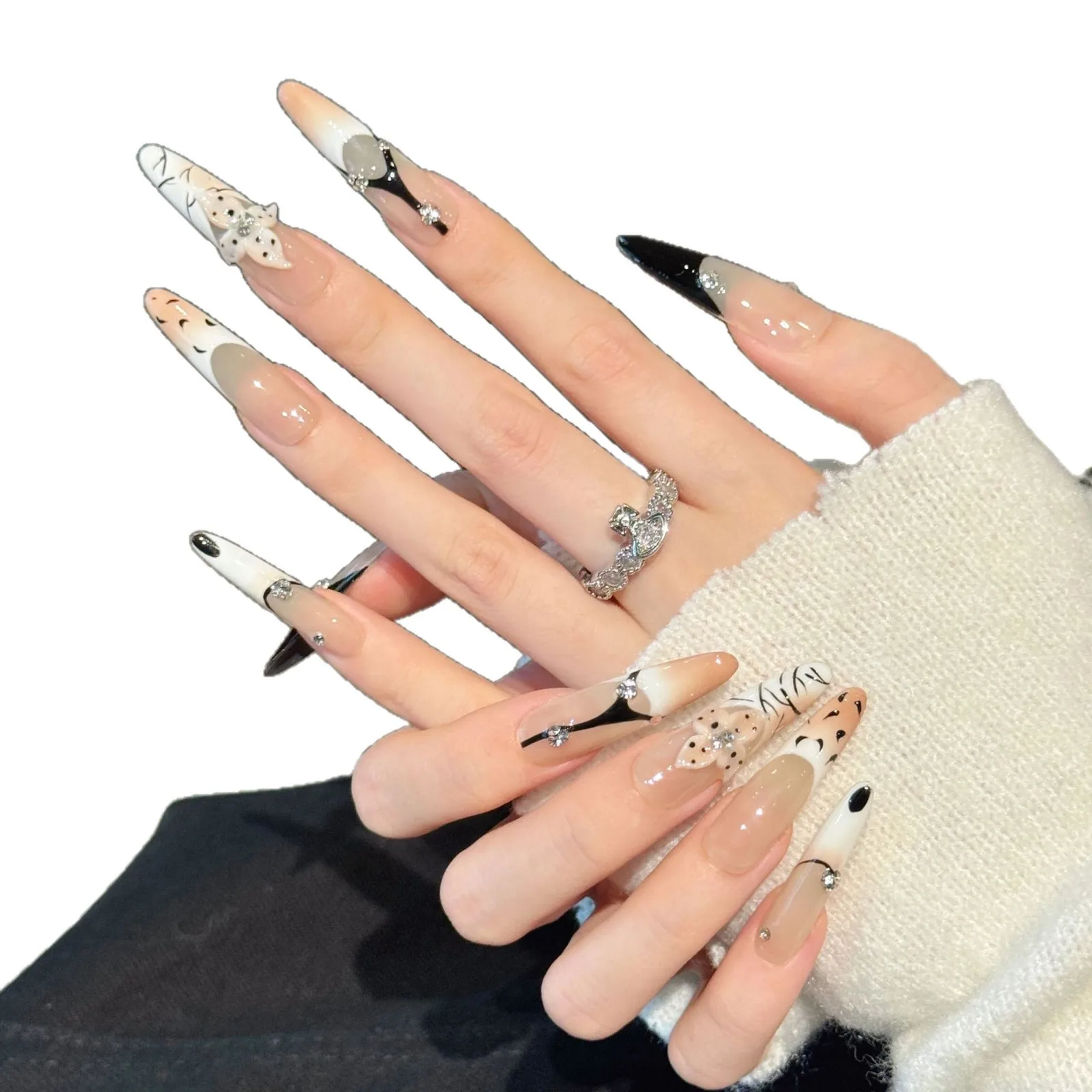 10 pièces presse sur les ongles avec maillard Floral peint à la main sculpture 3D et conception d'impression léopard avec outils 4 pièces onglets adhésifs pour ongles