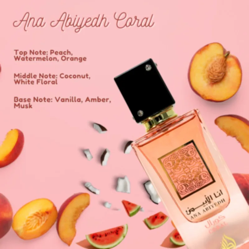 Lattafa Ana Abiyedh Coral Eau de Parfum Spray للجنسين 60 مل عطور عربية أصلية دائمة الأزهار فاكهي فرمون عطر كولونيا