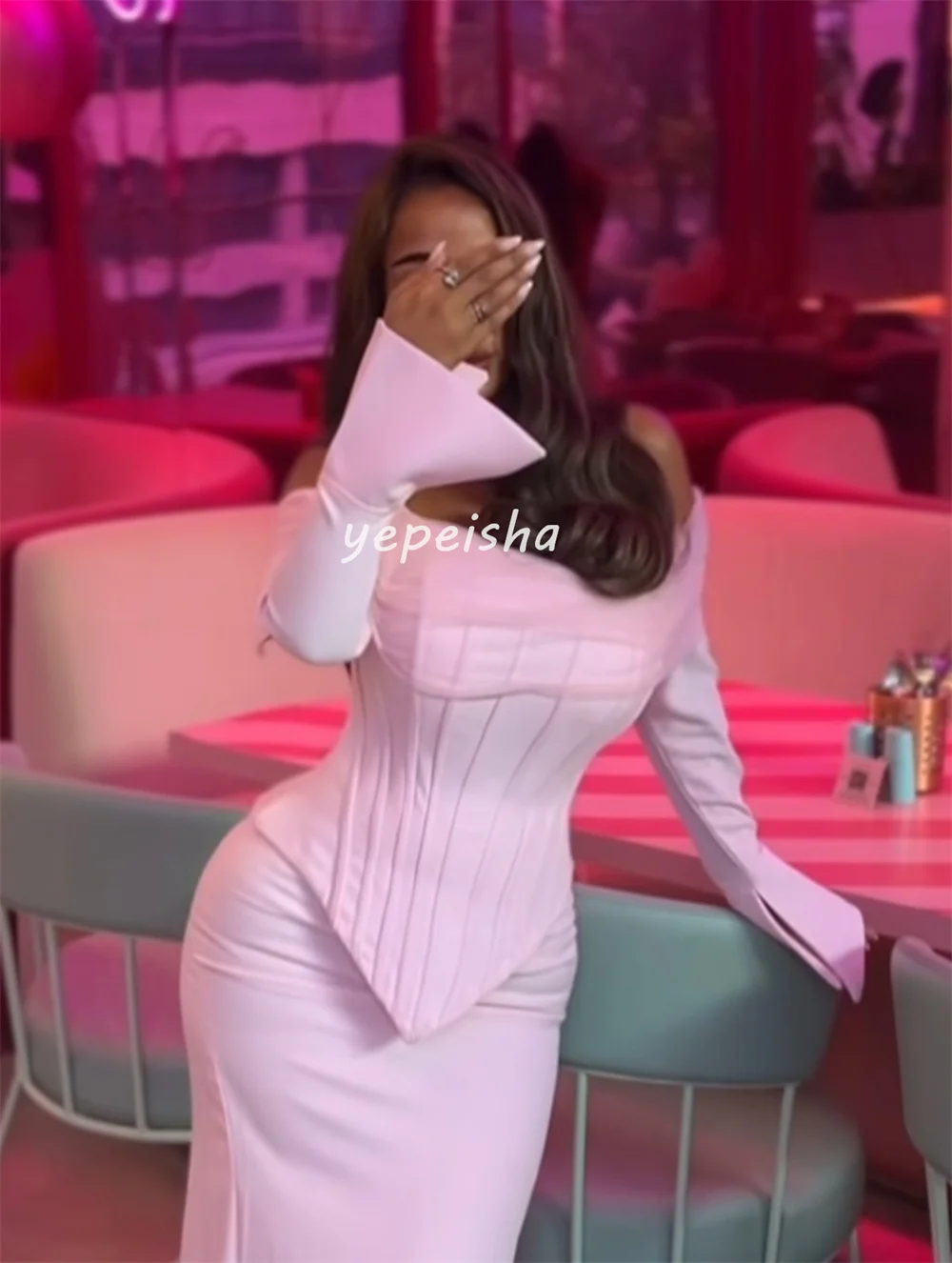 تخصيص بسيط أزياء جيرسي الطية حورية البحر خارج على الكتف فساتين طويلة فساتين مناسبة مخصصة مقاسات رائعة المتاحة #3