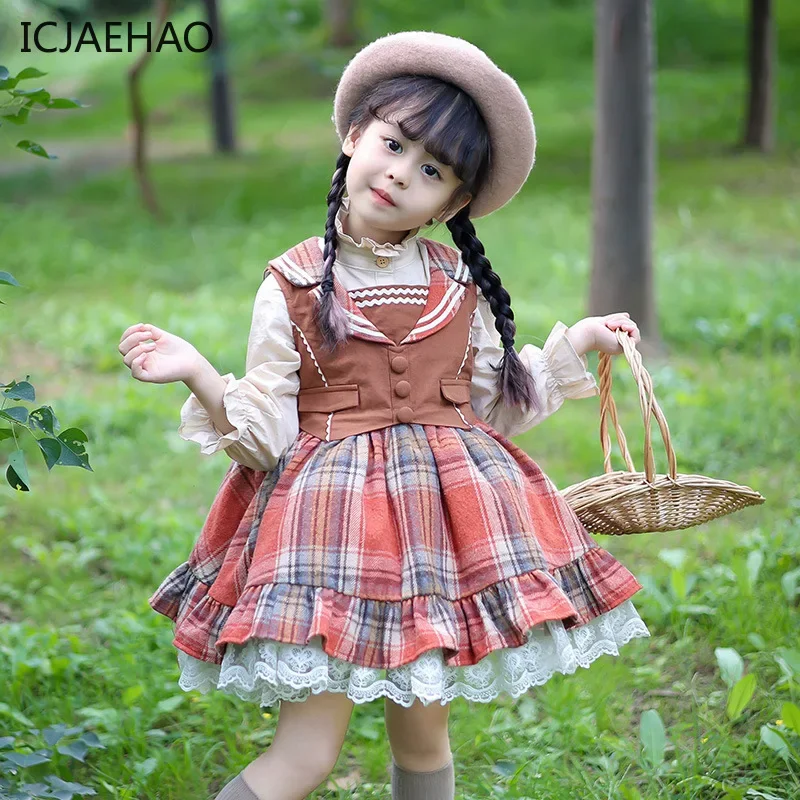 

ICJAEHAO 2024 Spanish Sets for Girls Children Outdoor Clothes Kids Turkish Style Plaid Dresses +Blouse + Sweater From 2Y-10Y