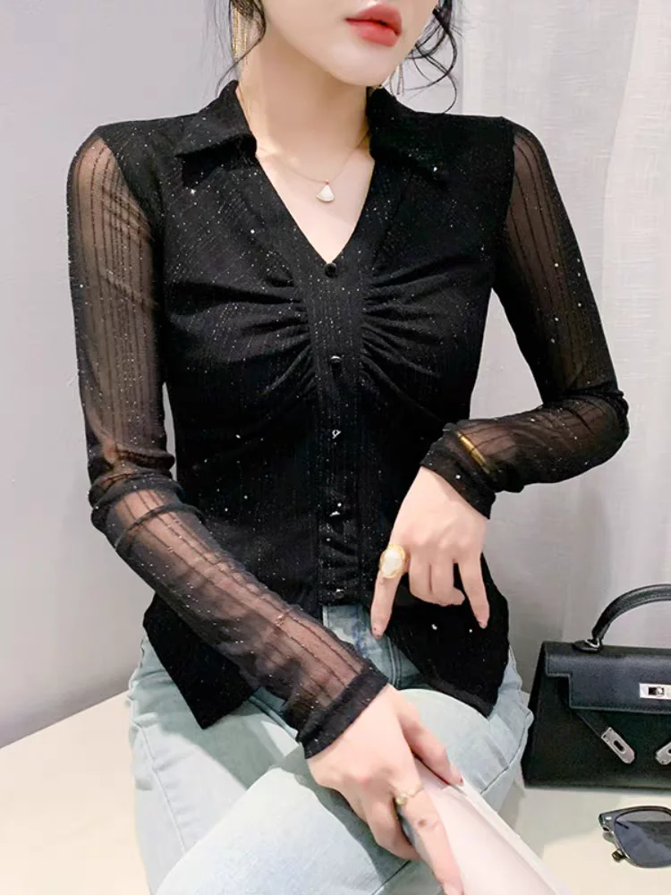 Camiseta Alta Elástica Feminina, Top de Malha Preta, Manga Longa, Gola Polo, Roupas Casuais, Tendência da Moda, Outono, Nova