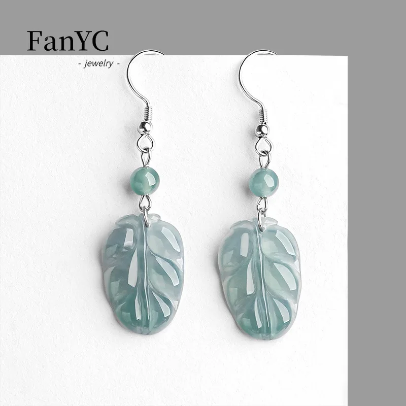 

Myanmar Jadeite Blue Water Leaves Earrings S925 Silver Inlaid Hand-carved Exquisite Luxury Ice Jade Earrings Lady Gift Souvenirs