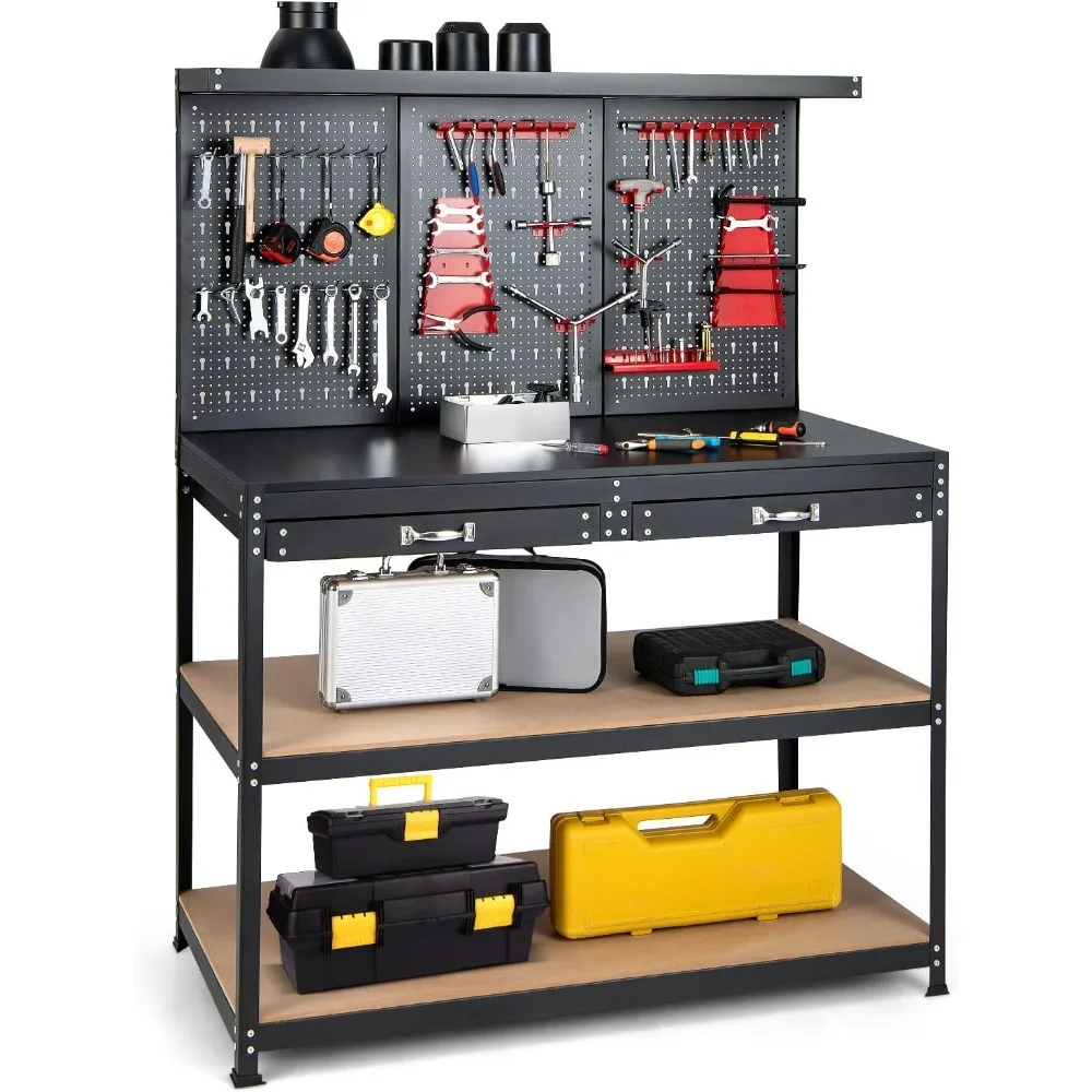 48”x24” Work Table with Drawers, Pegboard, 965LBS Capacity, 25 Hanging Accessories, Metal Tool Bench