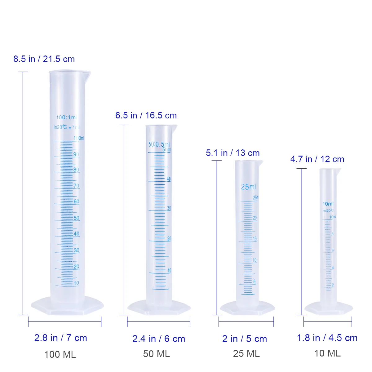 UEETEK 투명 측정 플라스틱 눈금 실린더, 10ml, 25ml, 50ml, 100ml, 4 개