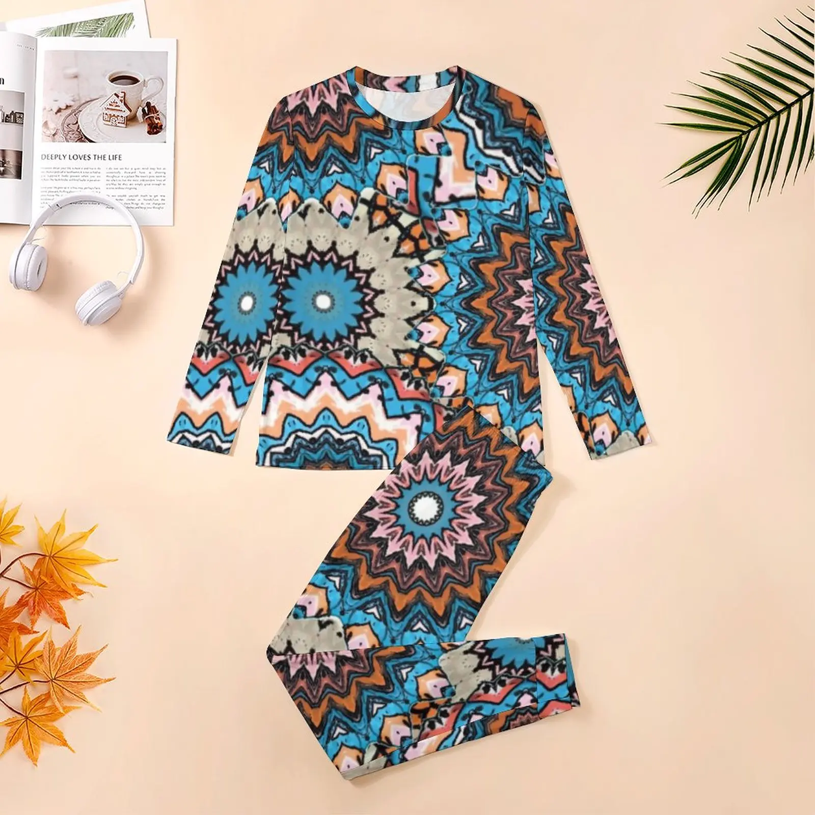 Vintage Mandala Pajamas Men Floral Print Warm Sleepwear Spring Long-Sleeve 2 Piece Night Graphic Pajama Sets Big Size