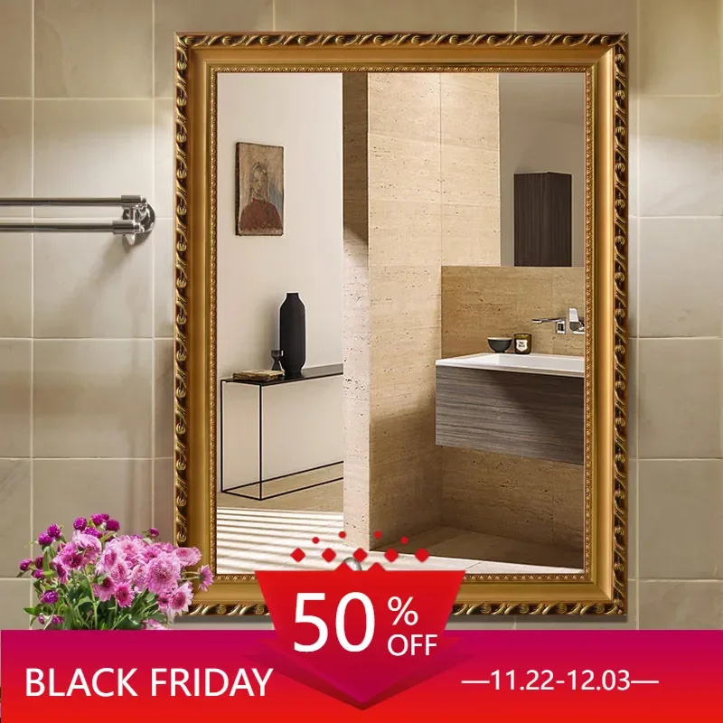 Wooden Square Decorative Mirrors Aesthetic Abstract Bathroom Large Wall Mirror Vintage Make-up Espejo Pared Wall Decor PX50DC