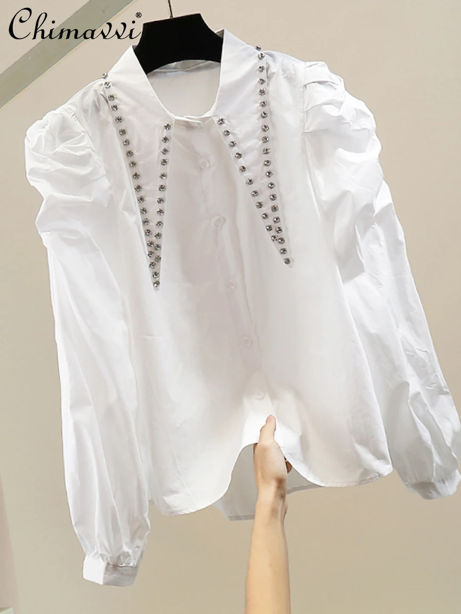 

Heavy Manual Beaded Diamond Pointed Collar Shirt Fashion Pleated Puff Sleeve Loose Elegant Women's Blouse Top 2024 Spring