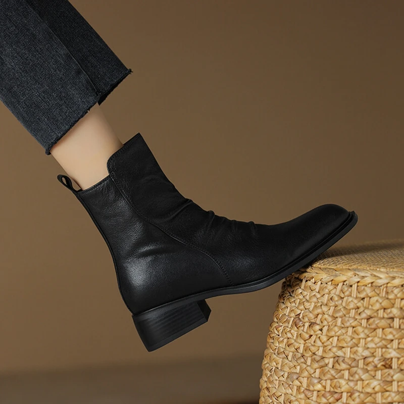 NEW Autumn Women Boots Round Toe Chunky Heel Short Boots Women Genuine Leather Shoes for Women Black Boots Pleated Ladies Shoes