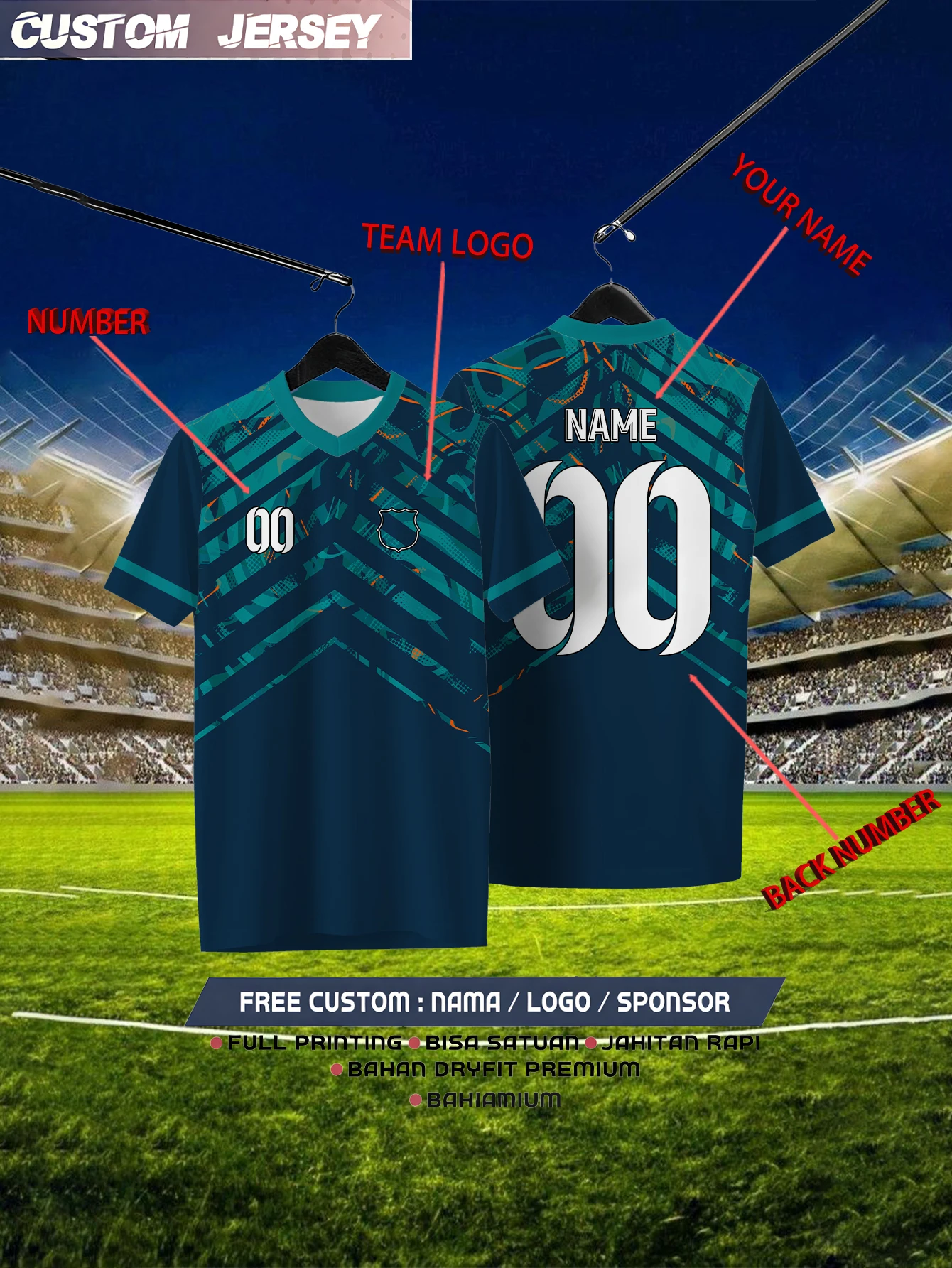 

Customized Geometric Navy Blue Short Sleeved Shirt with Team Name, Emblem, Name and Number, Outdoor Sports Short Sleeved T-shirt