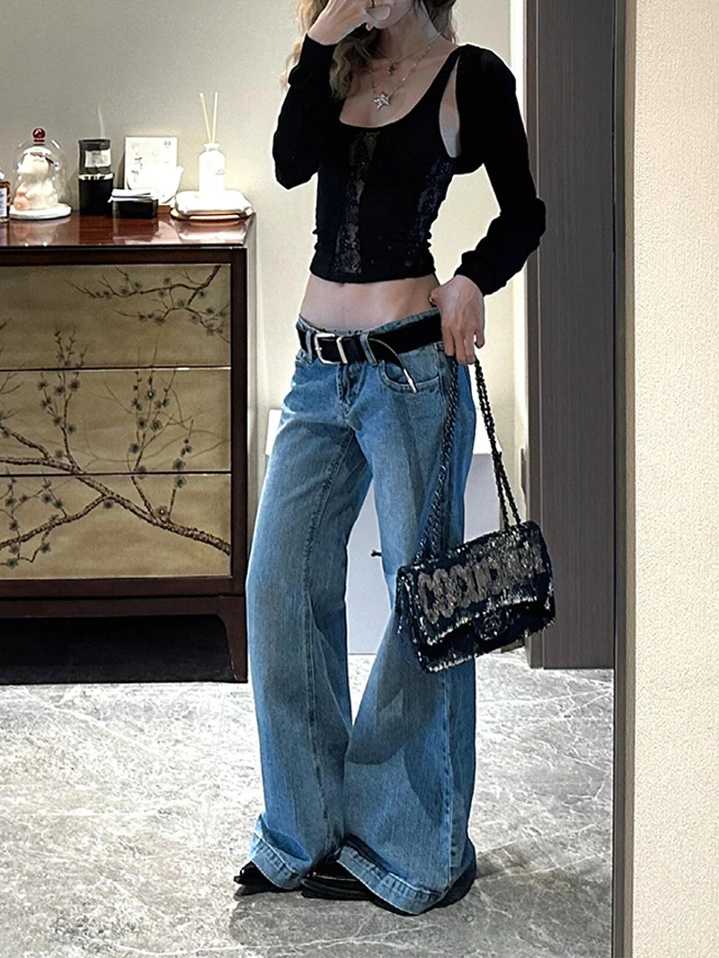 Niebieskie jeansy damskie High Waist Vintage Straight Summer Plus Size Y2K Denim Pants Streetwear American Baggy Wide Leg Denim Trouser