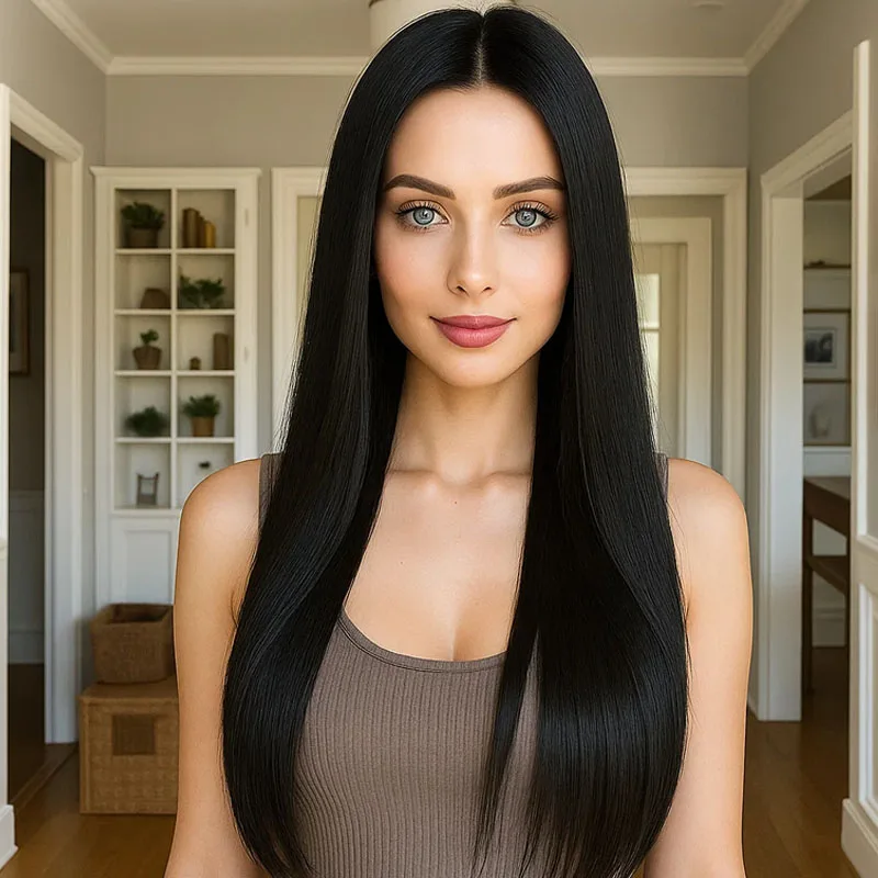 

Black 28 inch straight hair synthetic wig without bangs, elegant and suitable for Christmas parties, fashionable for women