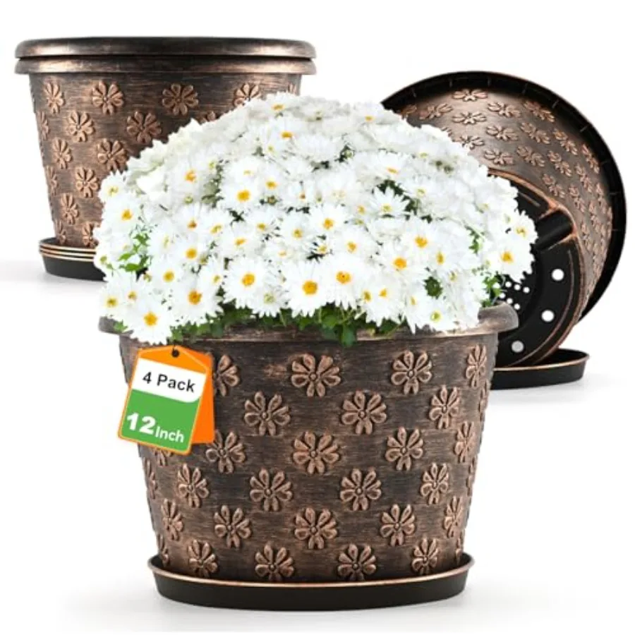 

Набор из 2 больших цветочных горшков Plantlac для растений, для дома и улицы, 4 шт., из полимерной смолы, с дренажем и поддоном, в ретро-стиле, декоративные.