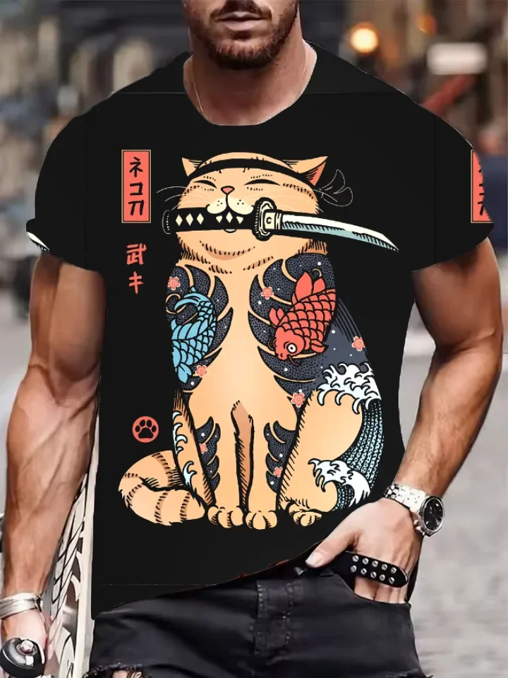 Lustige Samurai-Katzen-3D-T-Shirts für Herren, modisches, cooles Alltags-T-Shirt, Sommer-Streetwear, Unisex-Oberteil, lässiges Kurzarm-T-Shirt
