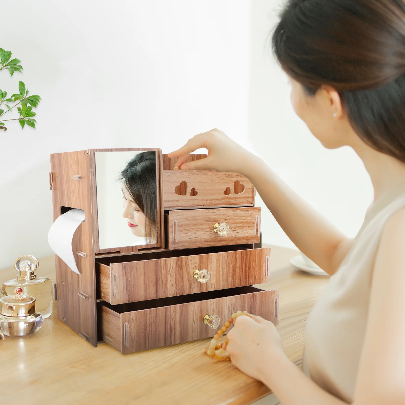 1Pcs Desktop Cosmetics Storage Rack Sturdy Wooden Material Non-Deformable Structure with Mirror and Tissue Holder Space-Saving