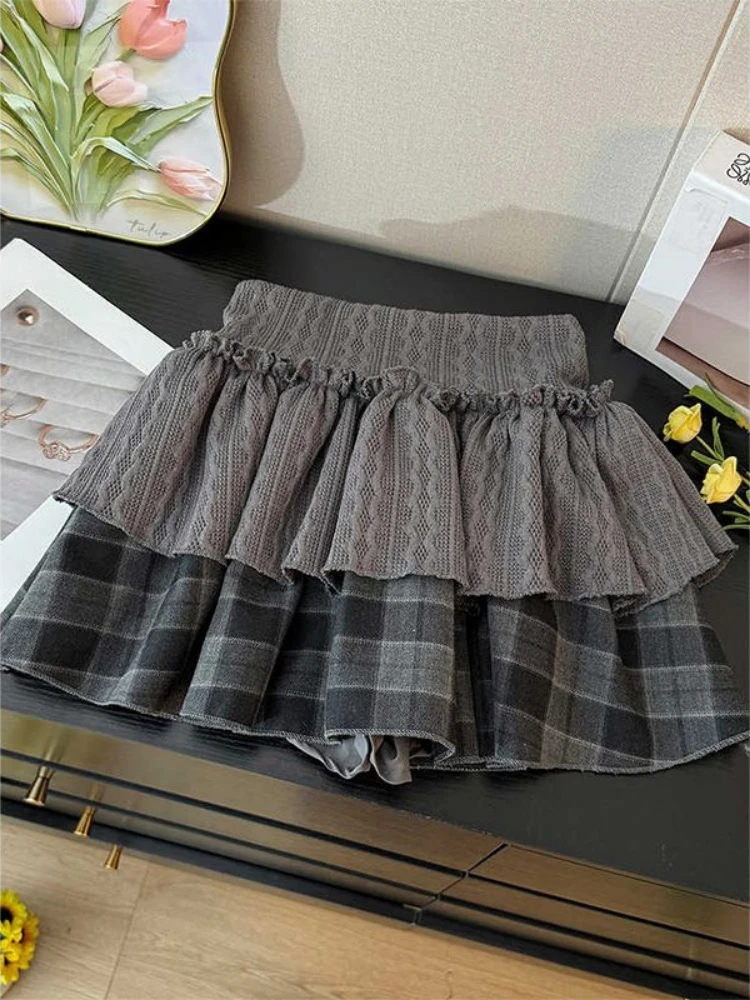

Harajuku Girls Knitted Patchwork Plaid Grunge Skirts Women Y2k Aesthetic High Waist Skirt Streetwear Vintage Ruffled Mini Jupe