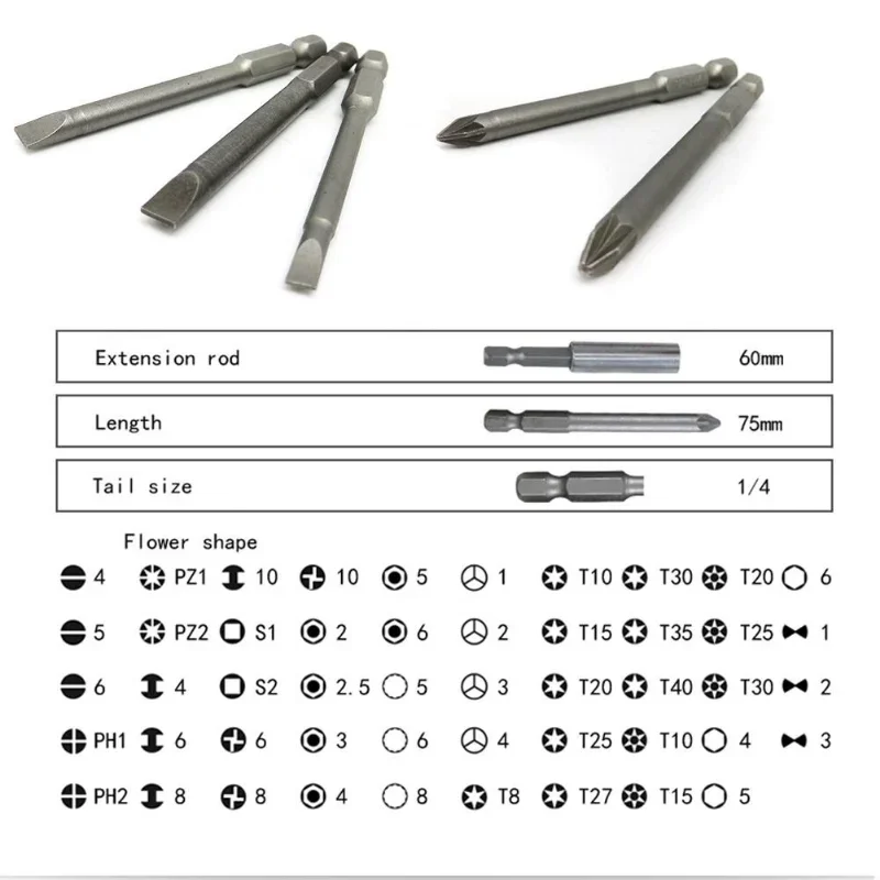 50/8pcs 75mm Extra Long Reach Bit Set Security Screwdriver Bits Torx Star Hex Bit