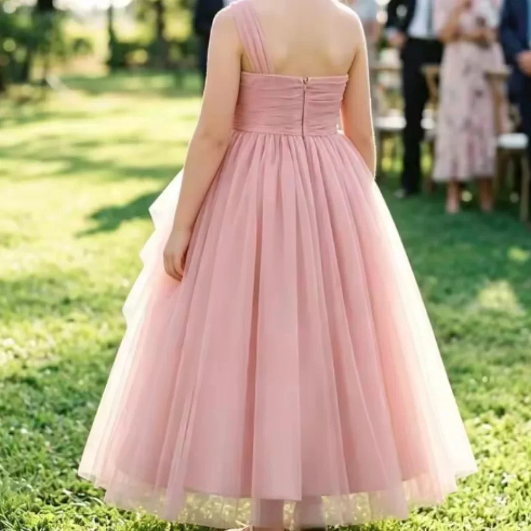 Custom Luxury Dress Female Wedding Guest Gown One Shoulder Pleated Tulle Kids Gown Luxurious Birthday Outfit For Pageant Runway