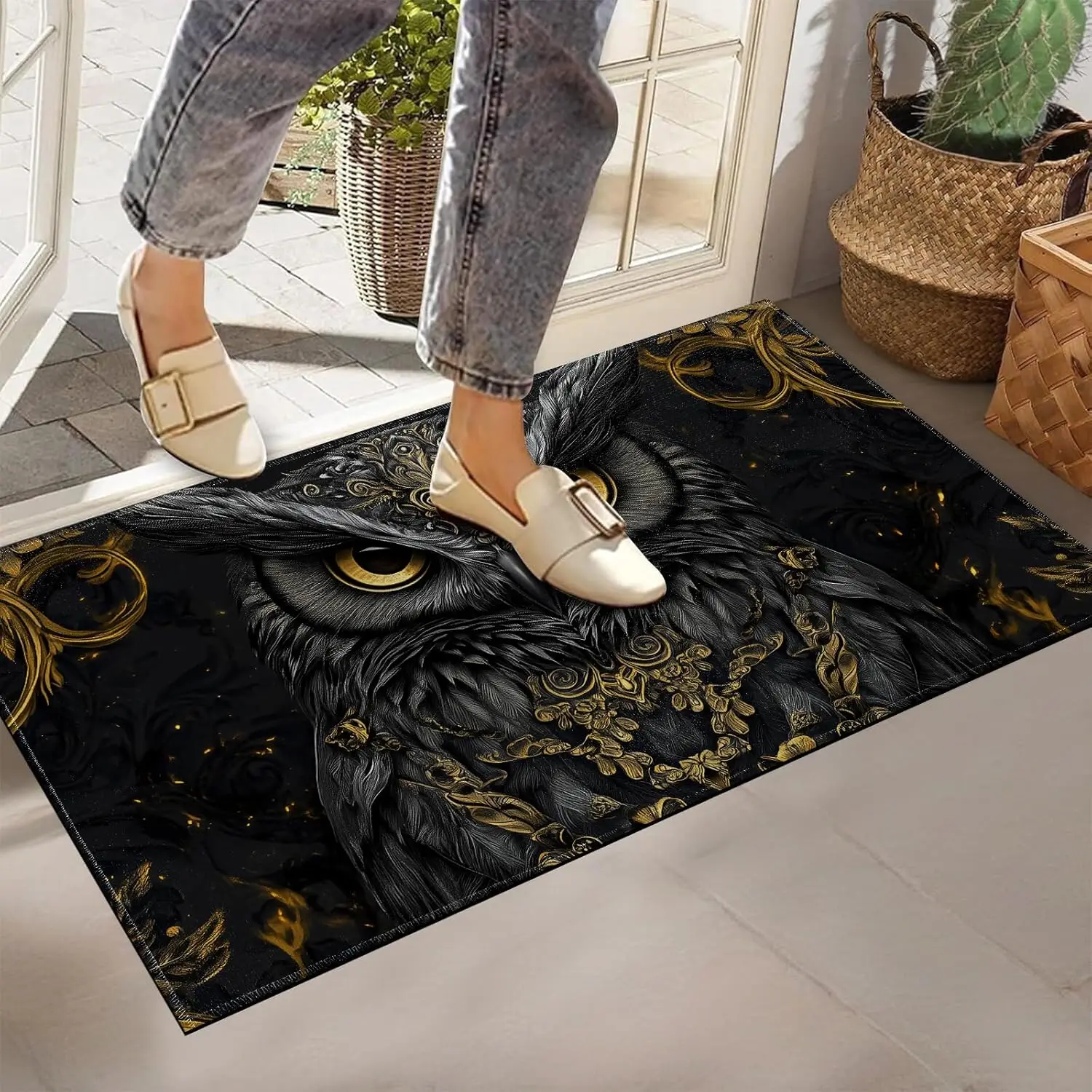 Majestic Owl Face Doormat Black Background Gold Ornament for Mysterious Entry