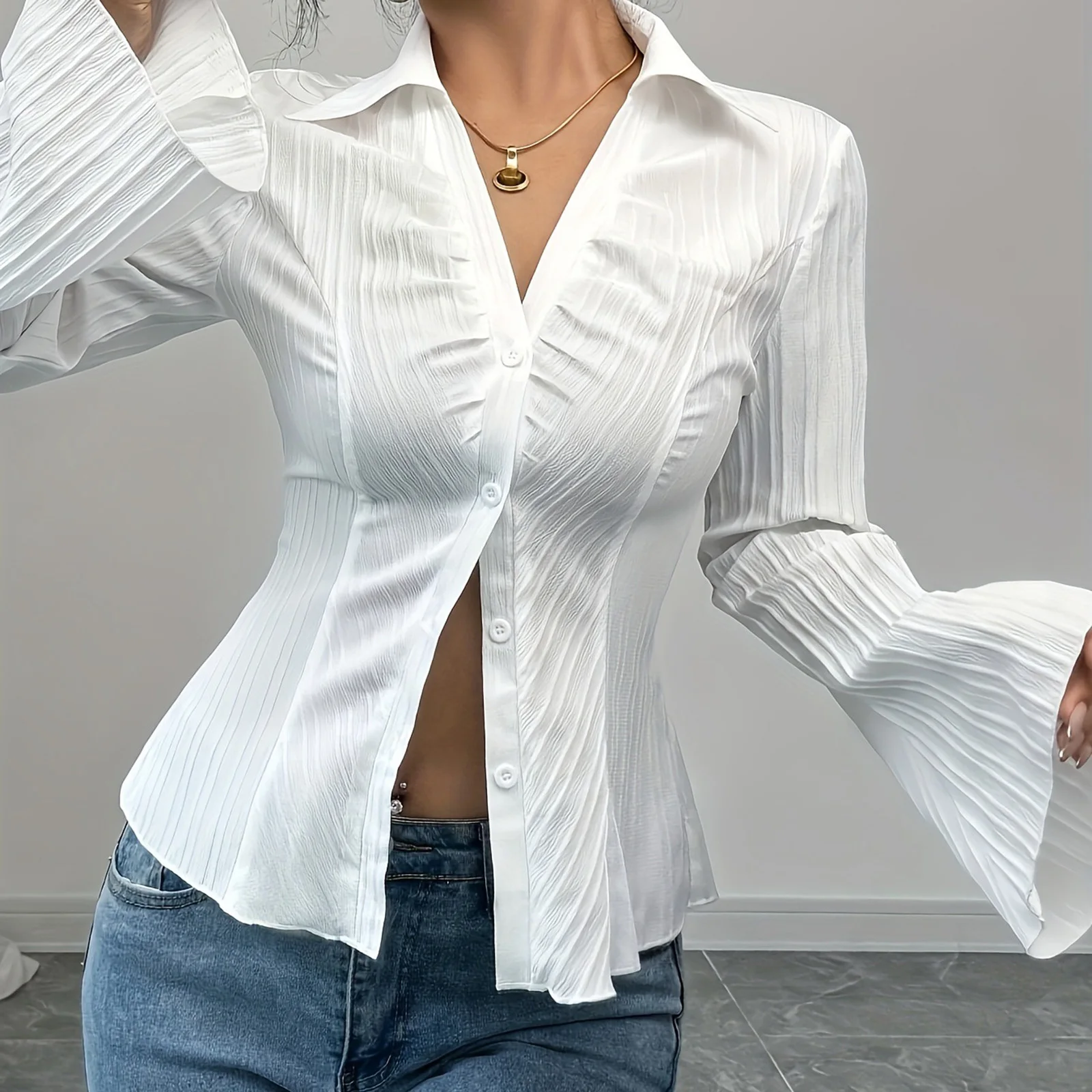 Vintage Damen-Plisseehemden, modische einfarbige Glocke, lange Ärmel, Revers, V-Ausschnitt, Knopfleiste, Bluse