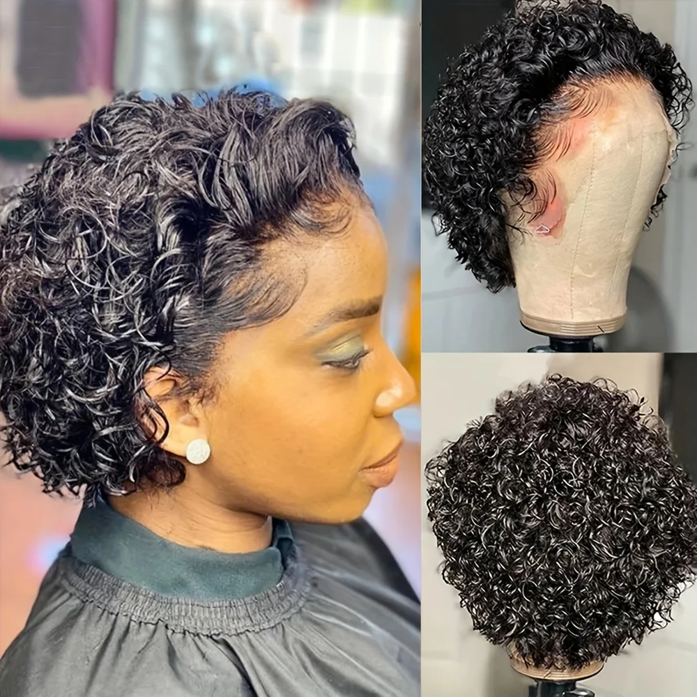 Wig Bob pendek keriting, gelombang air keriting rambut manusia Remy Wig keriting Brasil pendek Wig potongan Pixie untuk wanita dengan kepadatan 180%