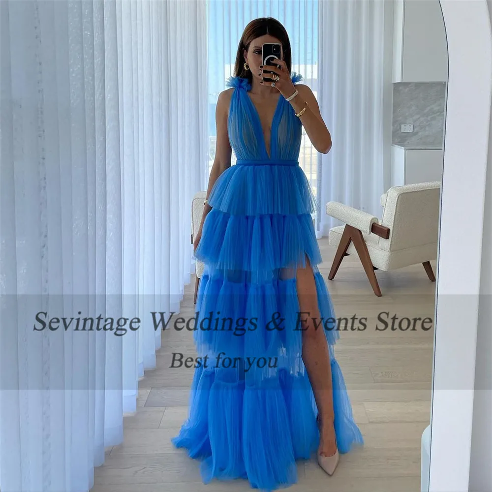 Sevintage Hearty Blue Tulle Prom Dress Deep V-Neck Tiered Ruched Side Slit Floor Length Homecoming Dress vestidos de graduación