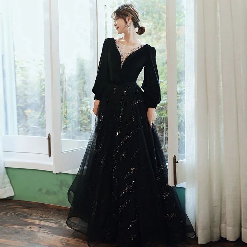 

Black Evening Dresses Long Sleeve Velvet Patchwork Sequins Mesh Tulle Formal Party Dress Women's Banquet Vestidos