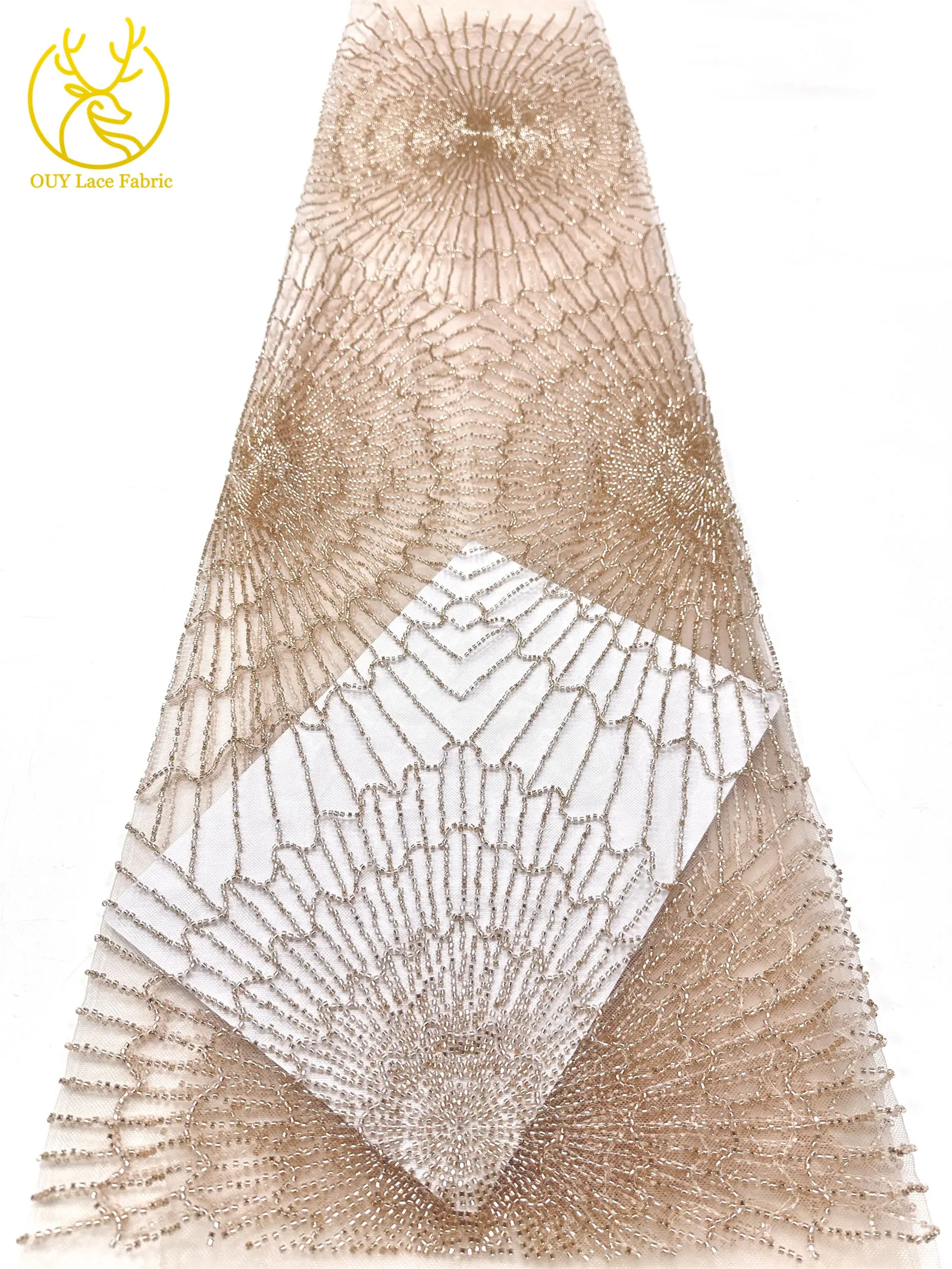 Luxuriöser afrikanischer, stark perlenbesetzter Spitzenstoff, goldene nigerianische Perlen-Spitze, französischer Tüll-Spitzenstoff für Brautkleider und Hochzeitskleider zum Nähen – Detail 21