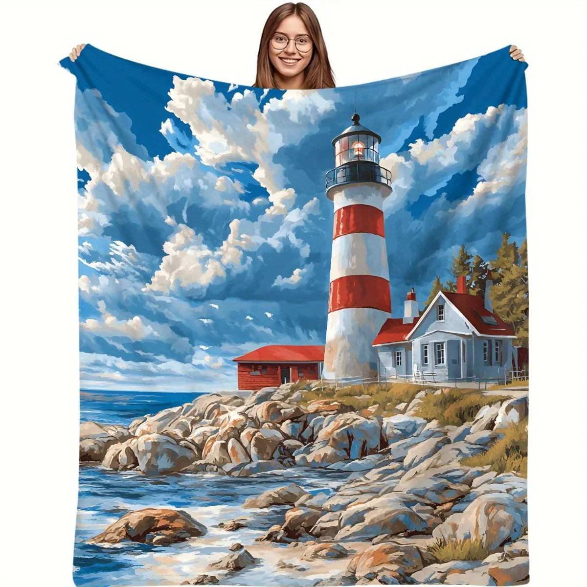 Lighthouse and Coastal Scenery Flannel printed blanket suitable for all seasons suitable for living room office sofa and travel