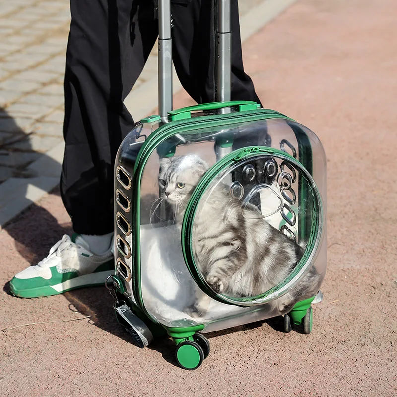 Pet Dog Cat Trolley Suitcase Luggage with Wheels Carrying Transparent Suitcase Breathable Pet Cat Carrier Backpack Pet Stroller