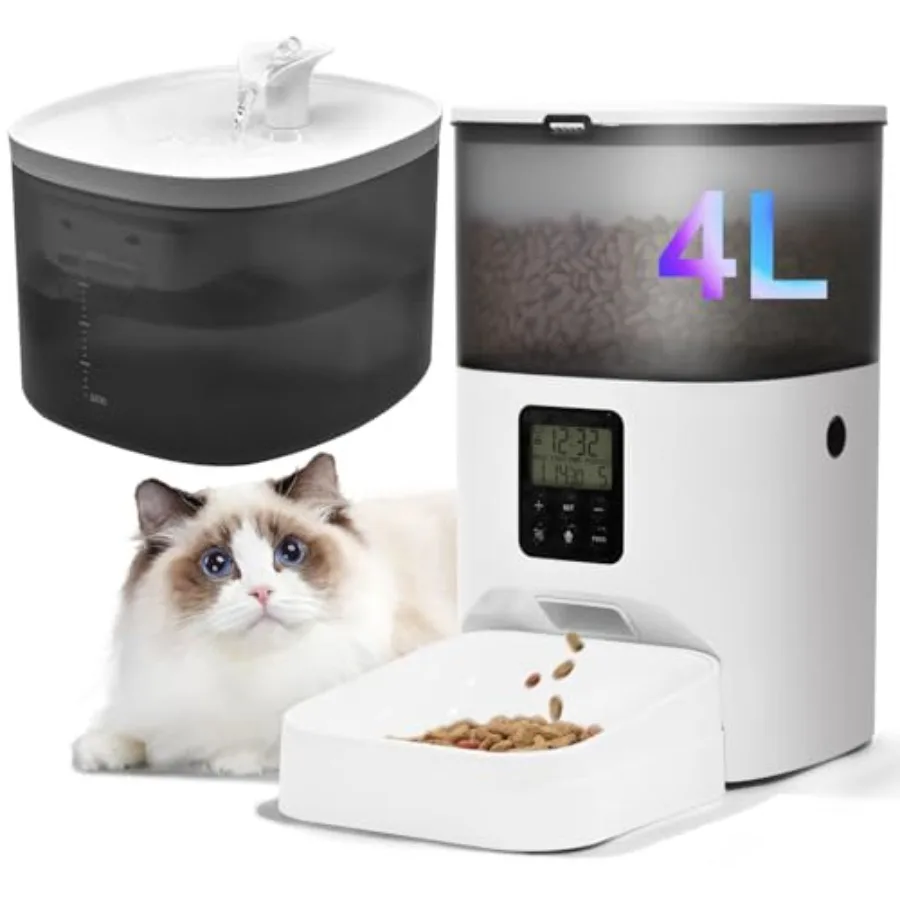

Automatic Cat Feeder 4L with 10s Voice Recorder and 105oz/3L Pet Water Fountain in White for Home Use