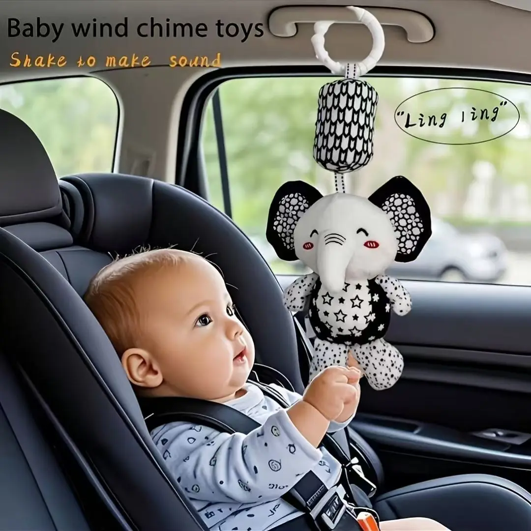 Brinquedo de Pelúcia Portátil para Bebês com Sino e Chocalho, Design Preto e Branco para Decoração de Carrinho e Berço, Presente Seguro e Fofo para Recém-Nascidos