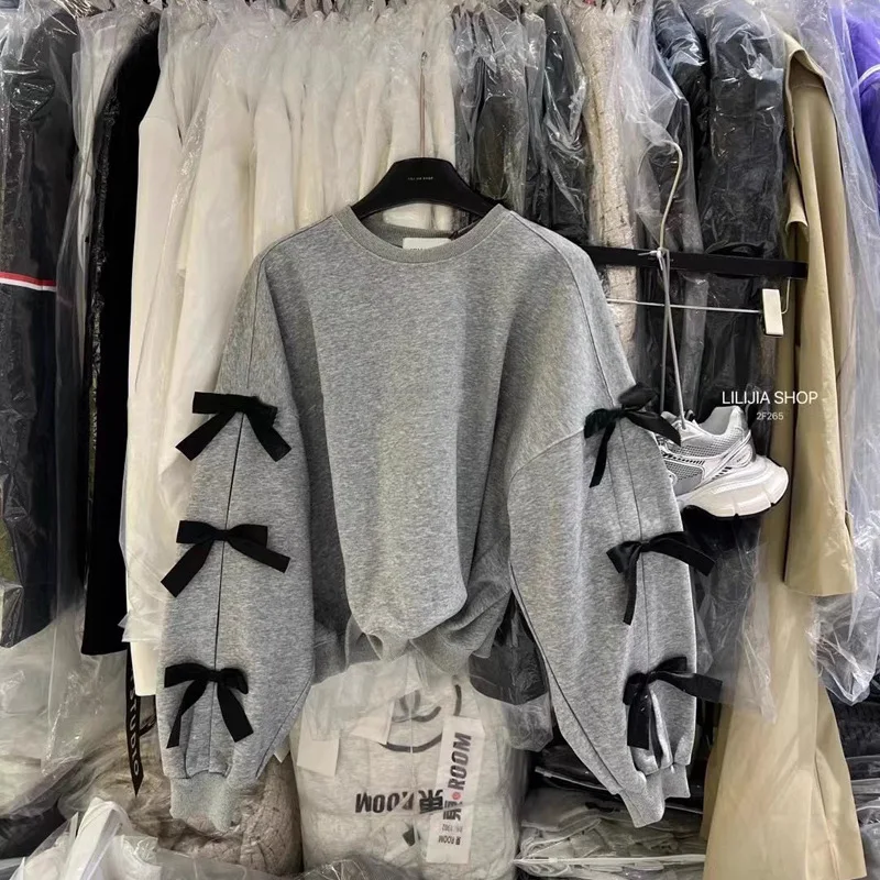 2025 New Spring Women\'s Sweatshirt Fashion Bow Ribbon Decoration Round Neck Long Sleeve Loose Pullover Casual Versatile Top Tide