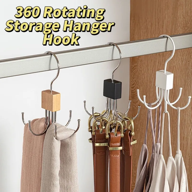 

360°Rotating Multi Claw Hanger Wooden Rack Metal Hooks Storage Organizer Bras Ties Scarves Belts Bags Household Closet Accessory