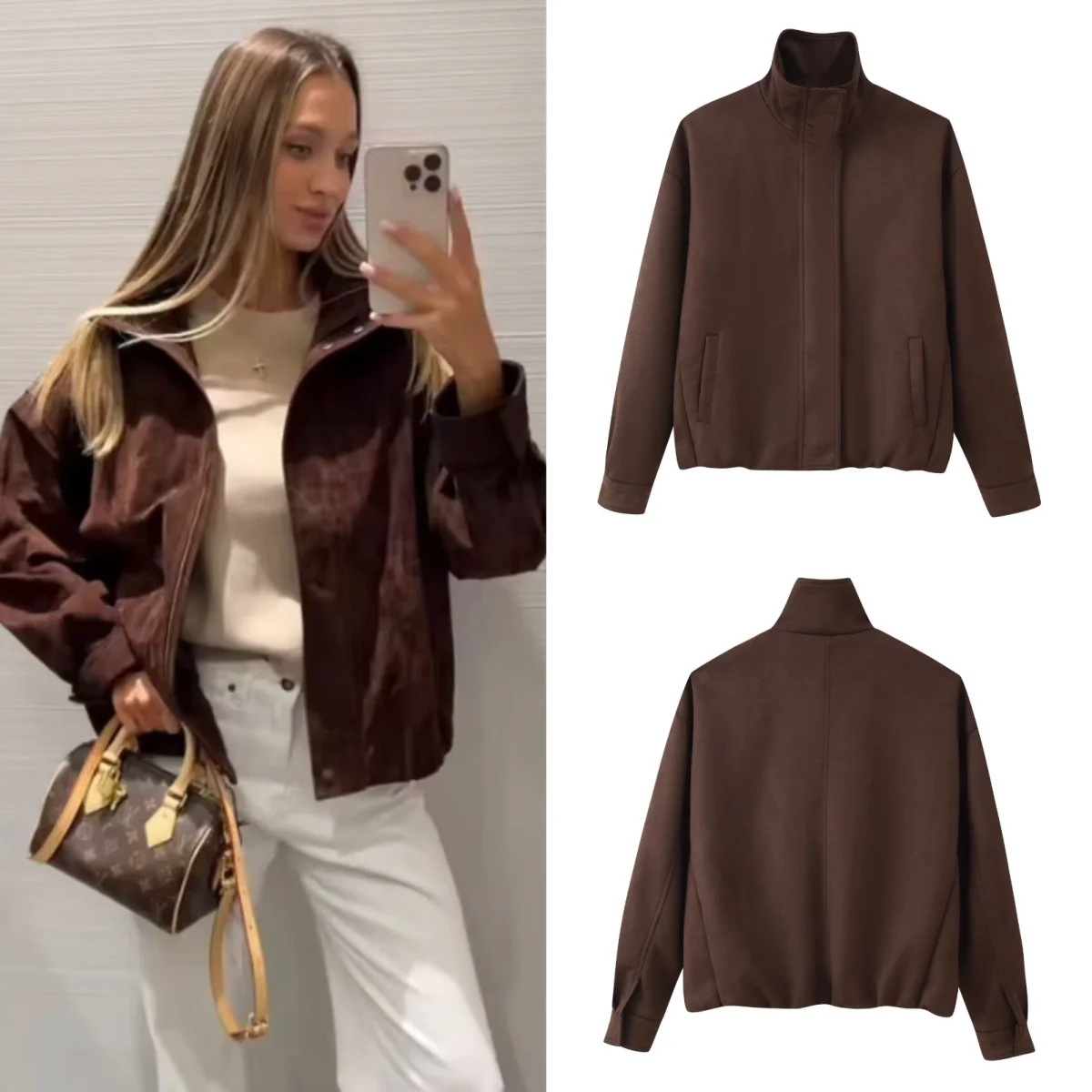 

2025 New Fashionable Women's Suede-Feel Jacket with Pockets Elegant and Warm Outerwear Stylish Streetwear Zipper Casual Jacket