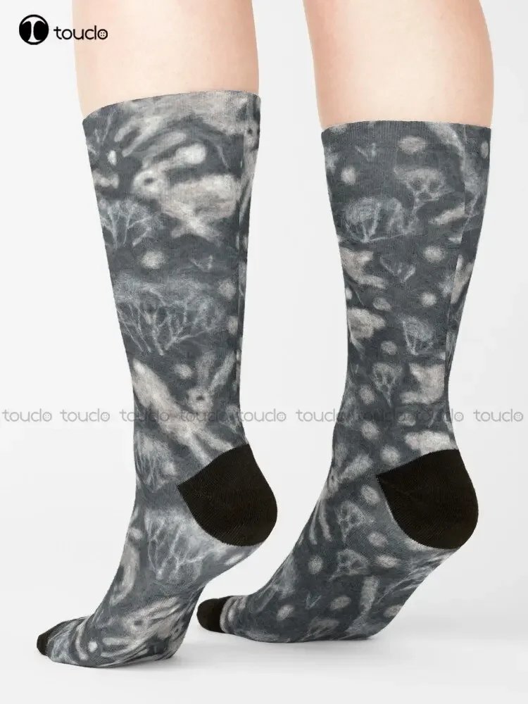 Hares Field Winter Snow Field Bunnies Rabbits Pattern Grey Socks Cute Socks Christmas New Year Gift Custom Gift Streetwear Funny